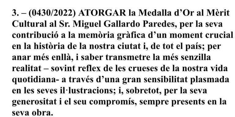 Texto de la propuesta de la Medalla de Oro al Mérito Cultural a Miguel Gallardo / AYUNTAMIENTO DE BARCELONA