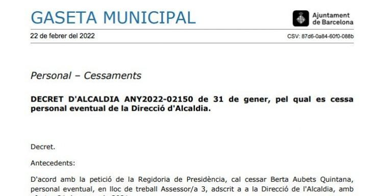 Publicación de la 'Gaseta municipal' con el cese de Berta Aubets, de la dirección de alcaldía / GASETA MUNICIPAL