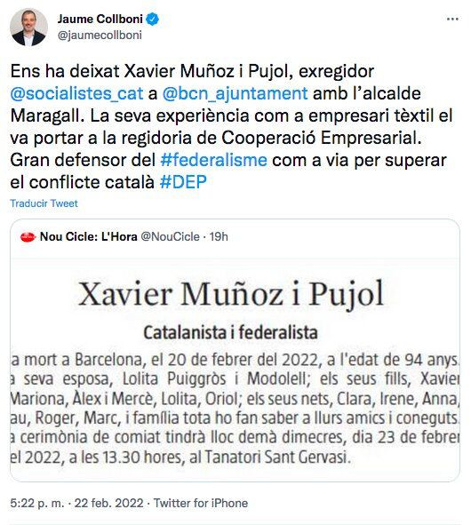 Mensaje de Jaume Collboni por la muerte de Xavier Muñoz i Pujol / TWITTER