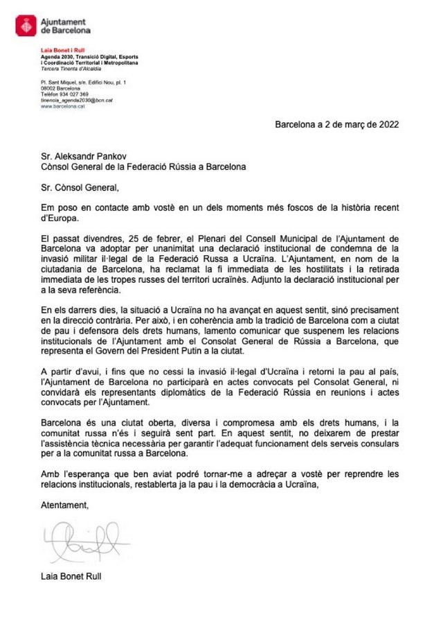 La carta enviada por el Ayuntamiento de Barcelona al consulado ruso / TWITTER