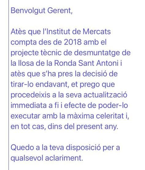 Correo de Ballarín (PSC) al gerente de Mercats para que desmonte la losa de Sant Antoni / CEDIDA