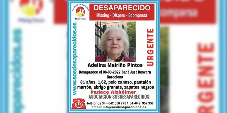 Cartel de desaparición de Adelina, la anciana con alzheimer vista por última vez en Sant Just / SOS DESAPARECIDOS