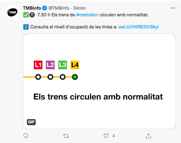 Tuit de TMB sobre el metro de Barcelona / TWITTER TMB INFO