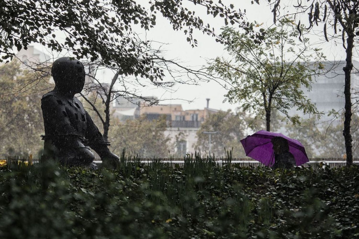 Una mujer pasea bajo la lluvia en el barrio del Poblenou de Barcelona / AYUNTAMIENTO DE BARCELONA
