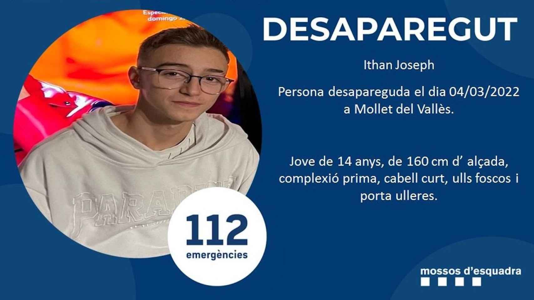 Ithan Joseph, el menor que lleva casi tres semanas desaparecido en Mollet del Vallès / MOSSOS D'ESQUADRA