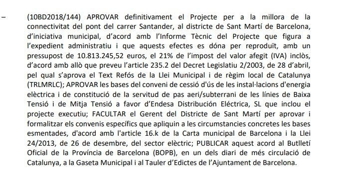 Texto aprobado con el nuevo presupuesto del puente de Santander / AYUNTAMIENTO DE BARCELONA