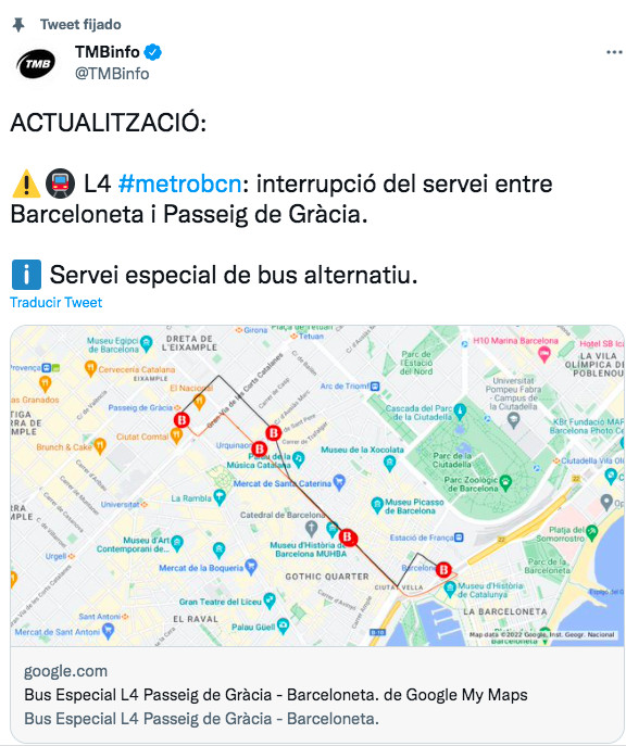 Tuit de TMB sobre la avería en la línea L4 del metro de Barcelona / TWITTER TMB INFO