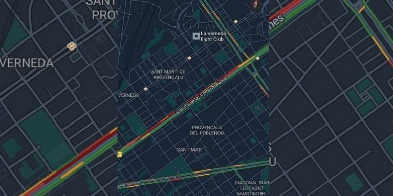 Brutal congestión en la Gran Via de les Corts Catalanes / GOOGLE MAPS