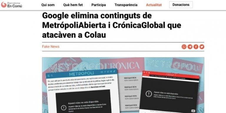 Publicación de Barcelona en Comú contra Metrópoli en su web / BEC