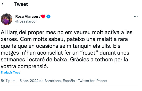 Tuit de Rosa Alarcón anunciando que estará de baja / TWITTER ROSA ALARCÓN
