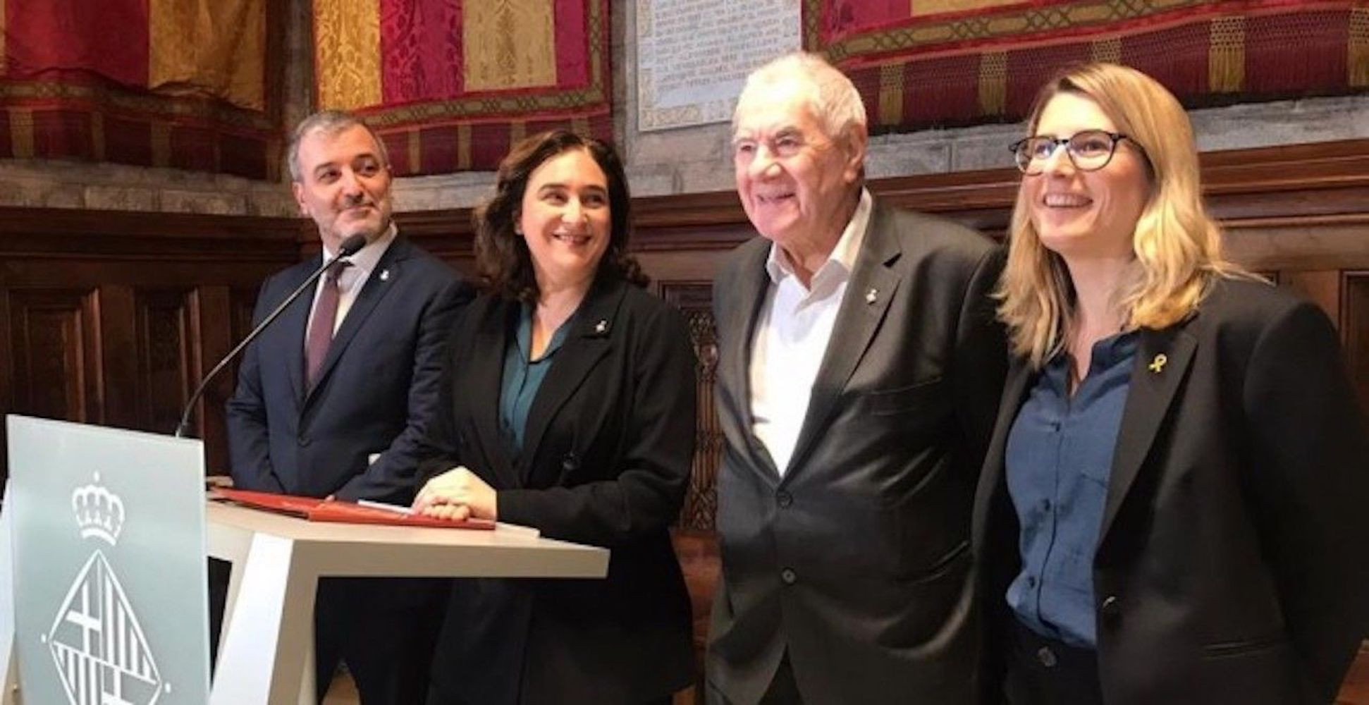 Ada Colau, Jaume Collboni, Ernest Maragall y Elsa Artadi, en enero de 2020, tras el acuerdo de presupuestos / EUROPA PRESS