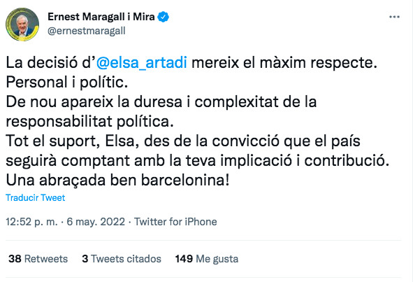 Tuit de Ernest Maragall sobre Elsa Artadi / TWITTER ERNEST MARAGALL