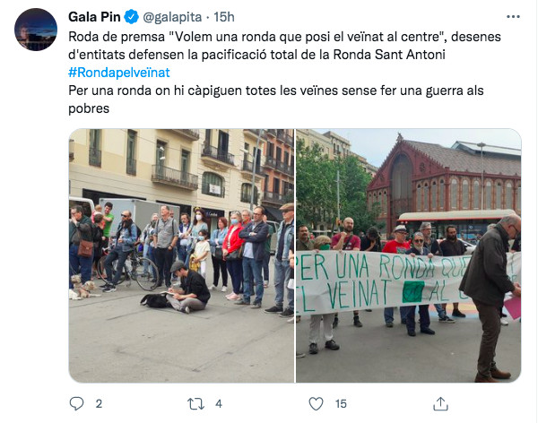 Tuit de Gala Pin, excargo de Colau, sobre la reforma de la ronda de Sant Antoni / TWITTER GALA PIN