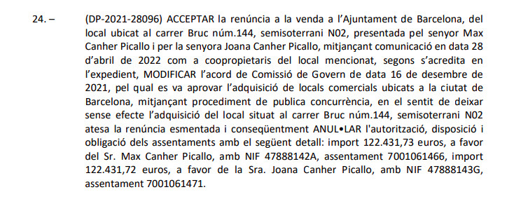 Texto de la renuncia de la compra por parte del Ayuntamiento del local de Max Cahner / AYUNTAMIENTO DE BCN