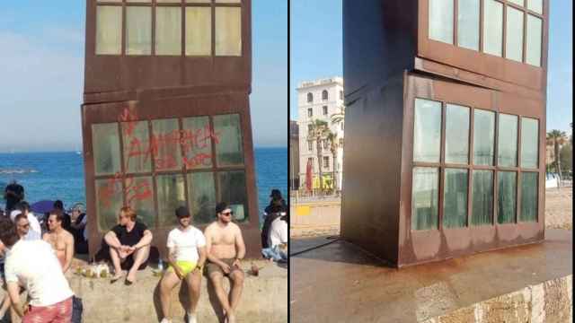 Fotomontaje con la escultura con los grafitis, el sábado, y al lado una imagen del monumento limpio / METRÓPOLI - AYUNTAMIENTO DE BARCELONA