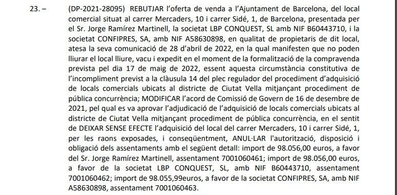 Texto de la comisión de gobierno sobre la anulación de la compra de un local comerciaL / AYUNTAMIENTO DE BCN