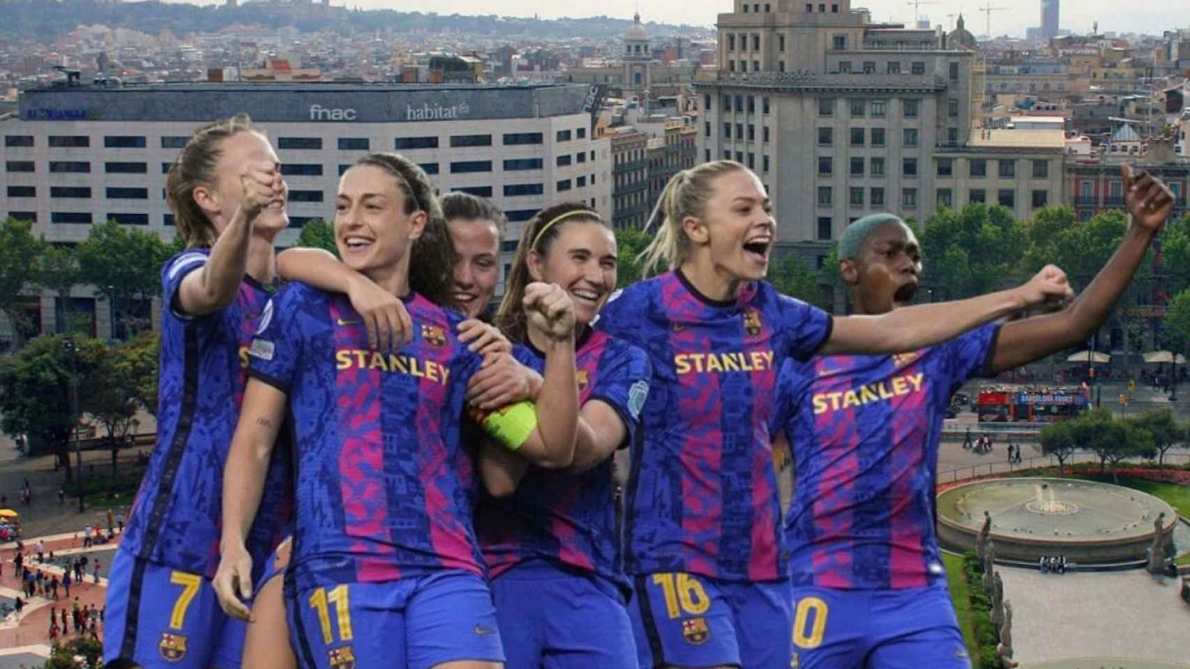 Fotomontaje de la plaza de Catalunya, donde se celebrará la fiesta deportiva y algunas de las jugadoras que estarán en la final de la Champions femenina / METRÓPOLI