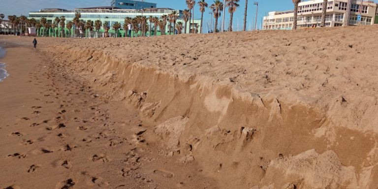 Escalón de arena en la playa de Sant Sebastià de Barcelona producido por las obras / CEDIDAS