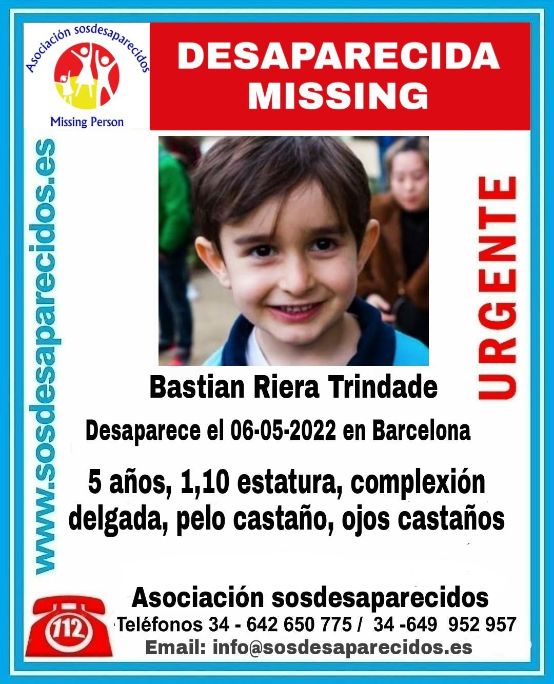 Bastián Riera Trindade, el menor de 5 años desaparecido en Barcelona / SOS DESAPARECIDOS