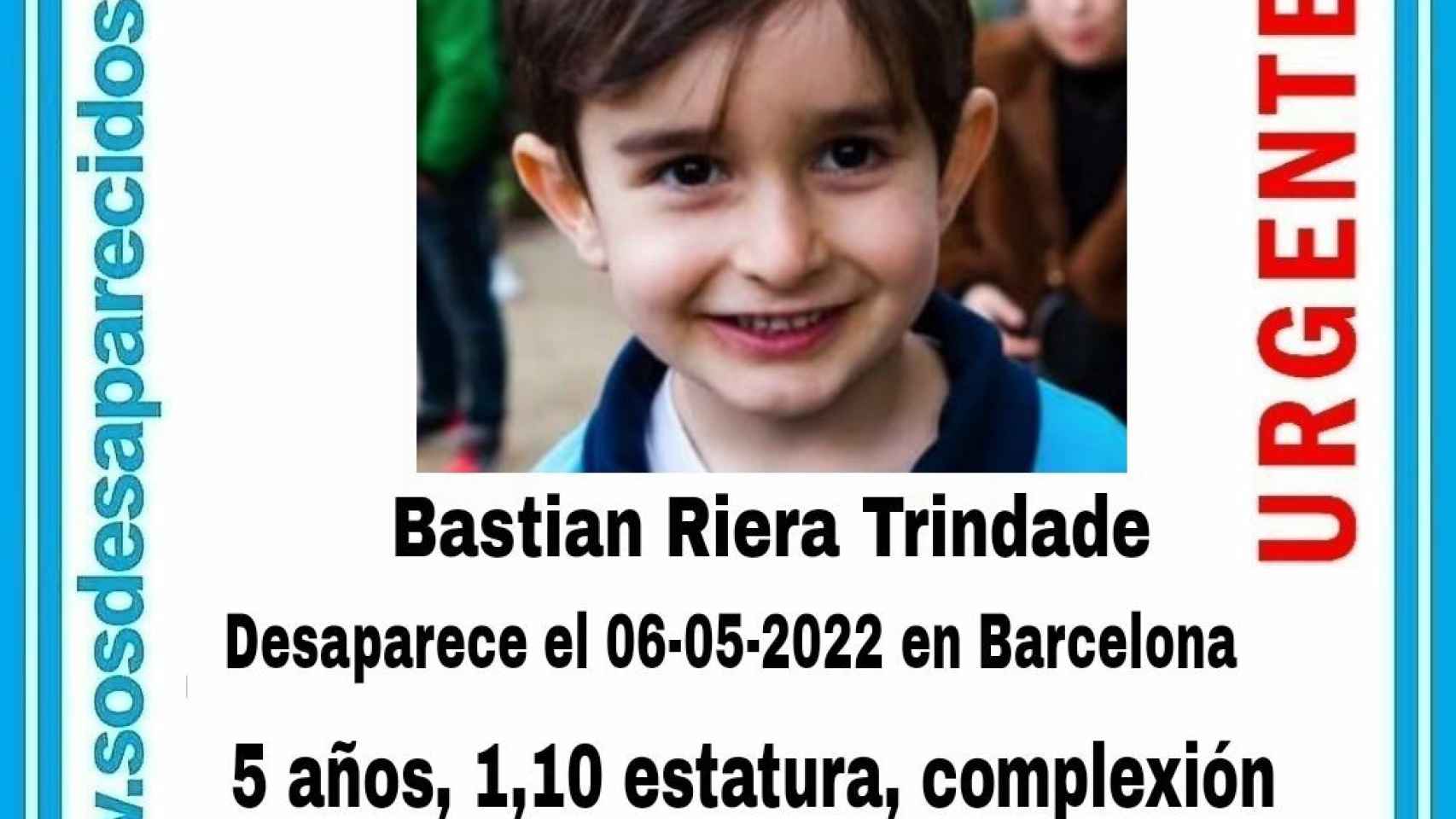 Bastián Riera Trindade, el menor de 5 años desaparecido en Barcelona / SOS DESAPARECIDOS