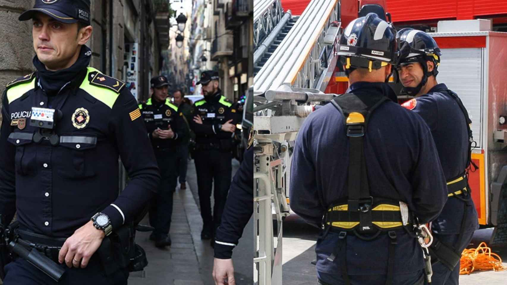 Guardias urbanos y Bomberos de Barcelona en un fotomontaje / METRÓPOLI