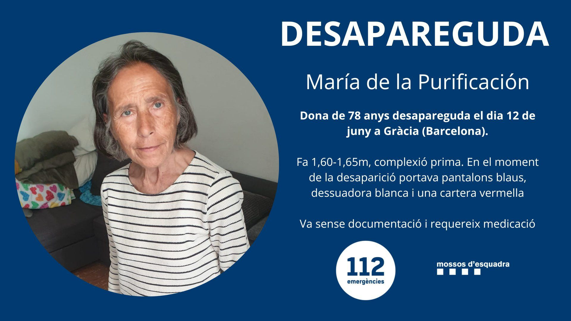 Cartel de Mossos sobre María de la Purificación, desaparecida este domingo en Gràcia / MOSSOS D'ESQUADRA