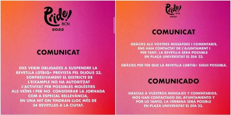 Comunicados sobre la celebración de la verbena LGTBIQ+ emitidos por el Pride Barcelona / INSTAGRAM