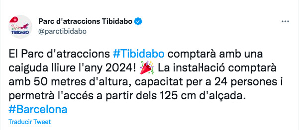 Tuit del parque del Tibidabo sobre la nueva atracción / TWITTER TIBIDABO