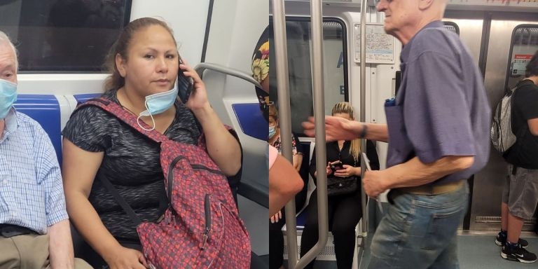 Dos personas sin mascarilla en el metro de Barcelona / METRÓPOLI