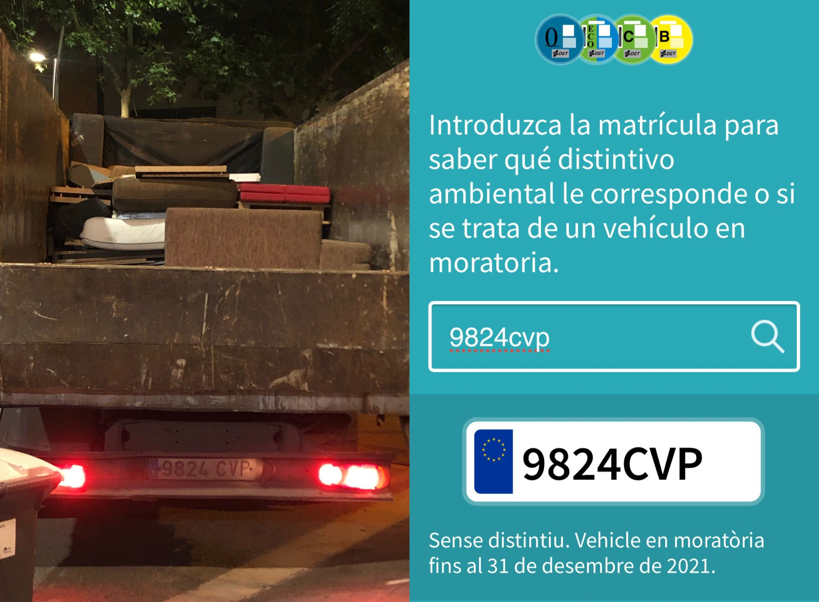 Matrícula del camión de la basura y la comprobación de que carece del distintivo medioambiental de la DGT / VALENTS