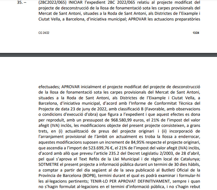Texto de la comisión de gobierno sobre la retirada de la losa de Sant Antoni / AYUNTAMIENTO DE BARCELONA