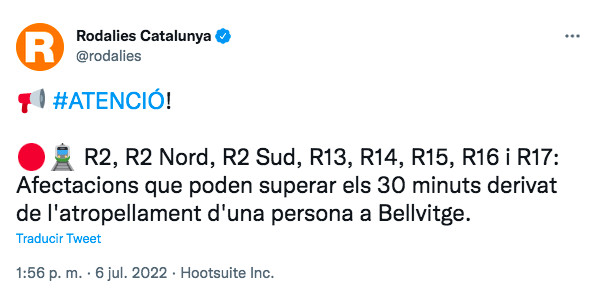 Tuit de Rodalies Catalunya sobre el atropello mortal / TWITTER