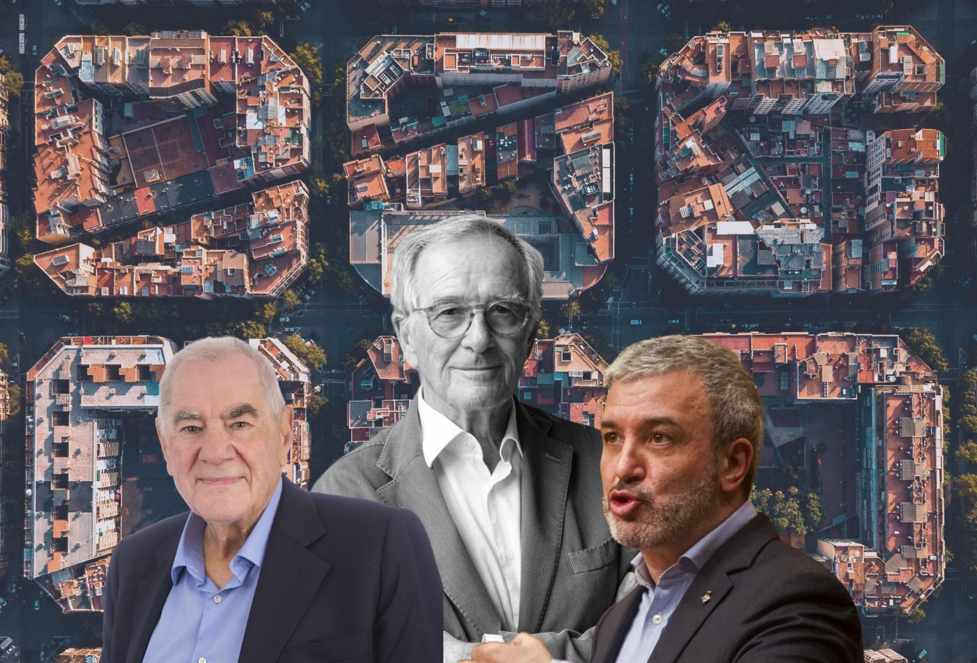 Fotomontaje de Ernest Maragall (I), Xavier Trias y Jaume Collboni (D) con Barcelona de fondo / METRÓPOLI
