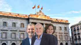 Fotomontaje de Ernest Maragall, Ada Colau y Jaume Collboni, en el Ayuntamiento de Barcelona