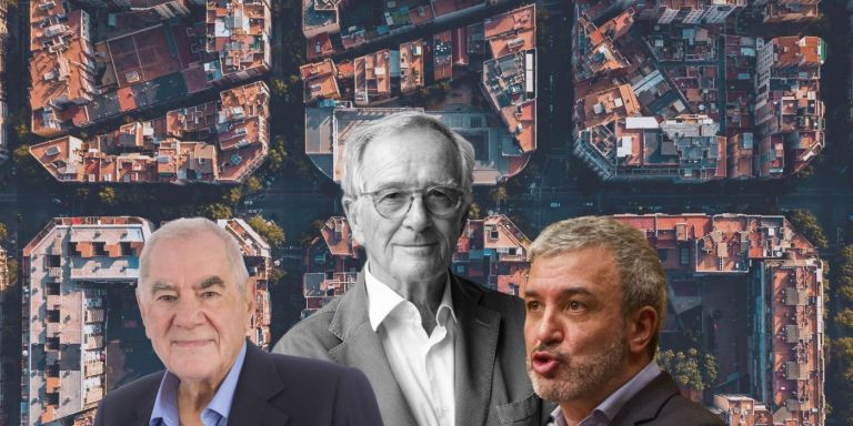 Fotomontaje de Ernest Maragall (I), Xavier Trias y Jaume Collboni (D) con Barcelona de fondo / METRÓPOLI