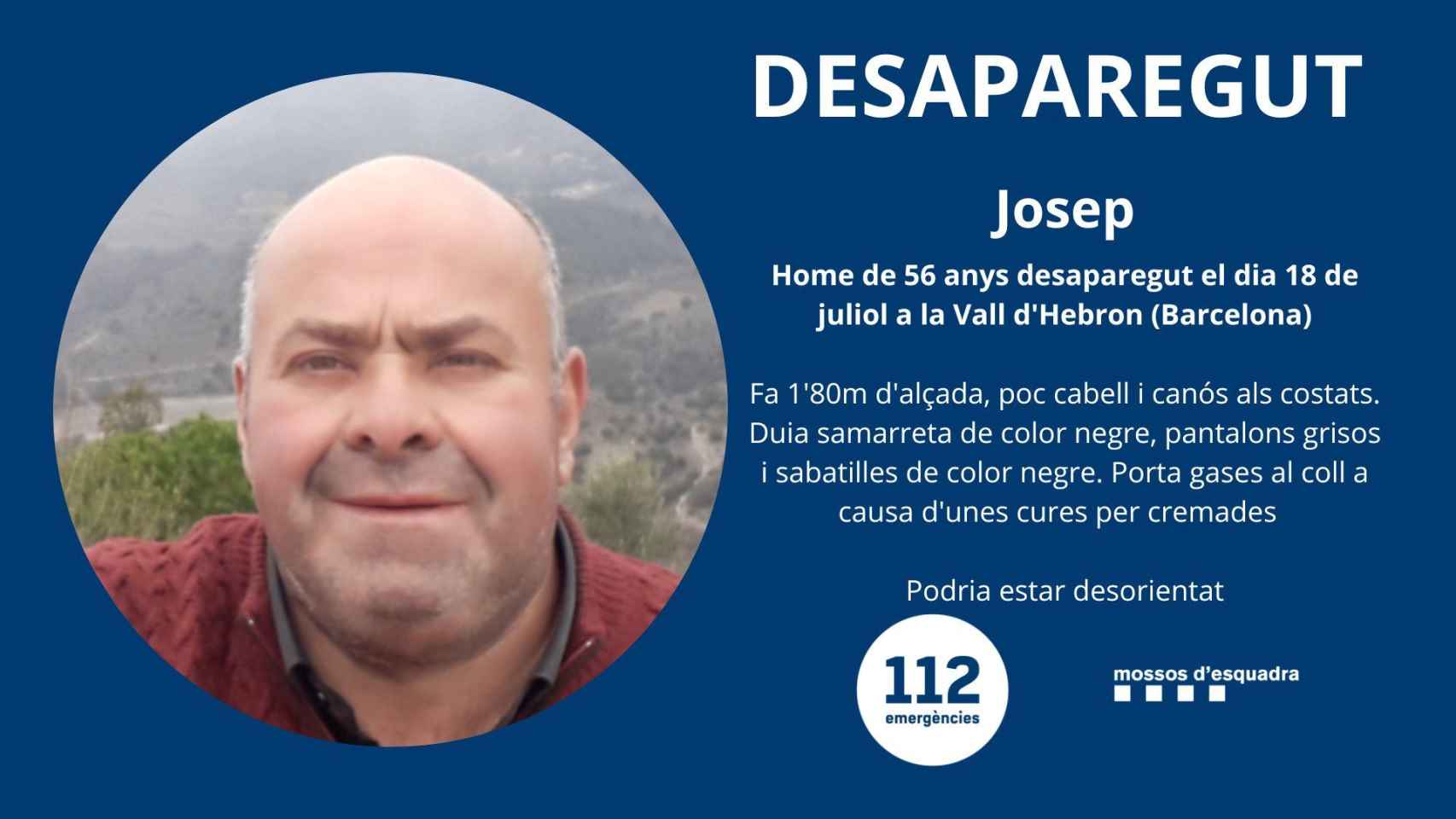 Imagen del aviso en redes sobre la desaparición de Josep / MOSSOS