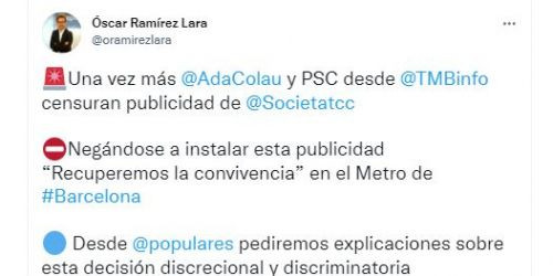 Tuit de Óscar Ramírez, concejal del PP en Barcelona / TWITTER