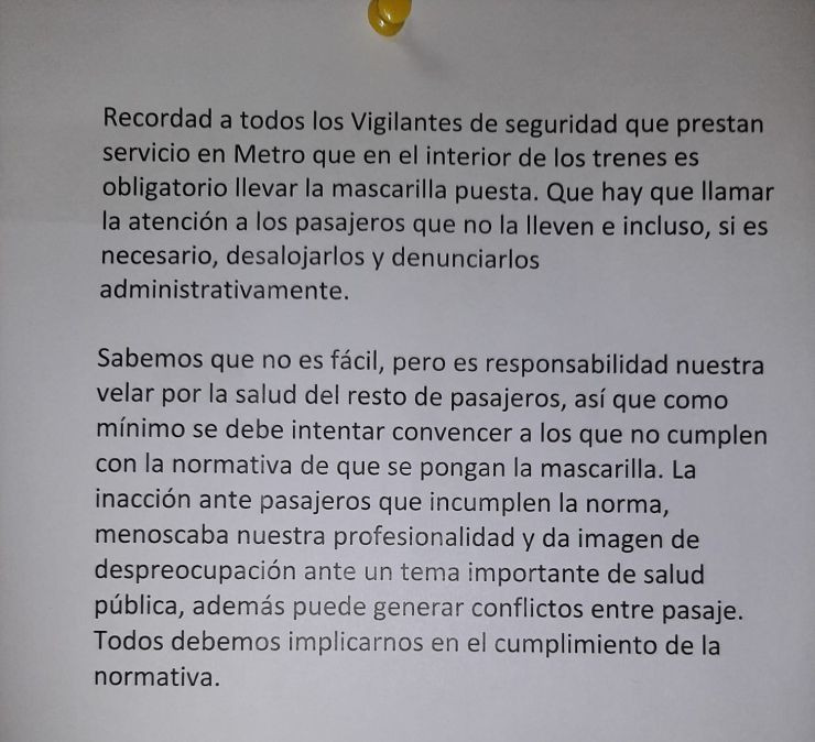 Carta de TMB que ha aparecido en todos los vestuarios de los vigilantes de seguridad del Metro de Barcelona / SINDICATO ADN