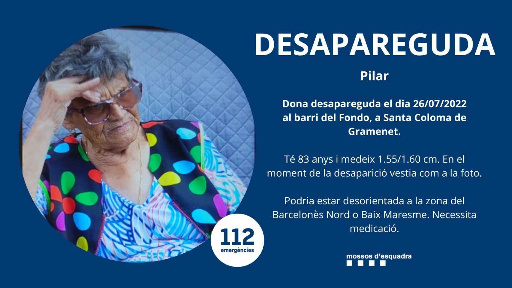 Aviso de los Mossos de la desaparición de Pilar / TWITTER MOSSOS