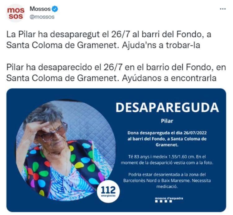 Tuit de los Mossos d'Esquadra informando acerca de la desaparición de Pilar / TWITTER MOSSOS