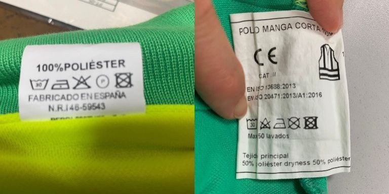 Etiquetas de un uniforme 100% de poliester de una de las cuatro contratas adjudicatarias del servicio de la basura de Barcelona / CEDIDA