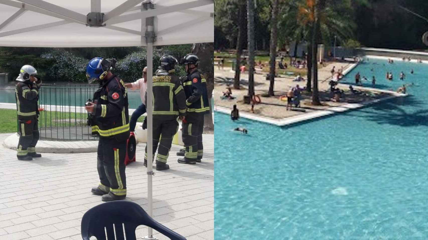 Fotomontaje de los bomberos en una actuación en la piscina y de las instalaciones / ARCHIVO