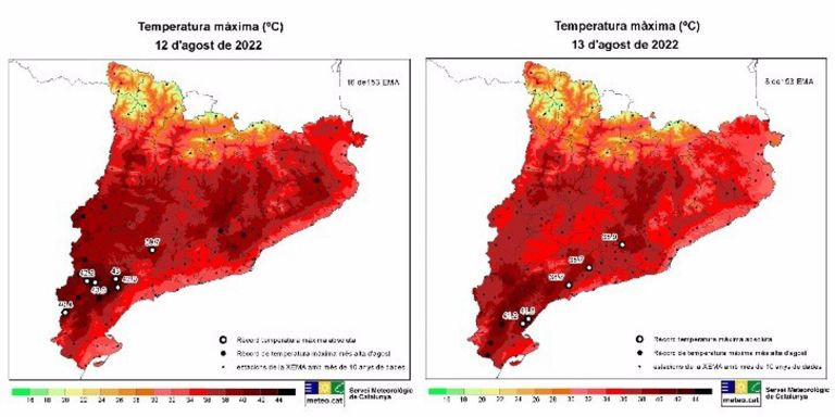 Mapa de temperaturas en Cataluña el 12 y 13 de agosto de 2022 / SMC