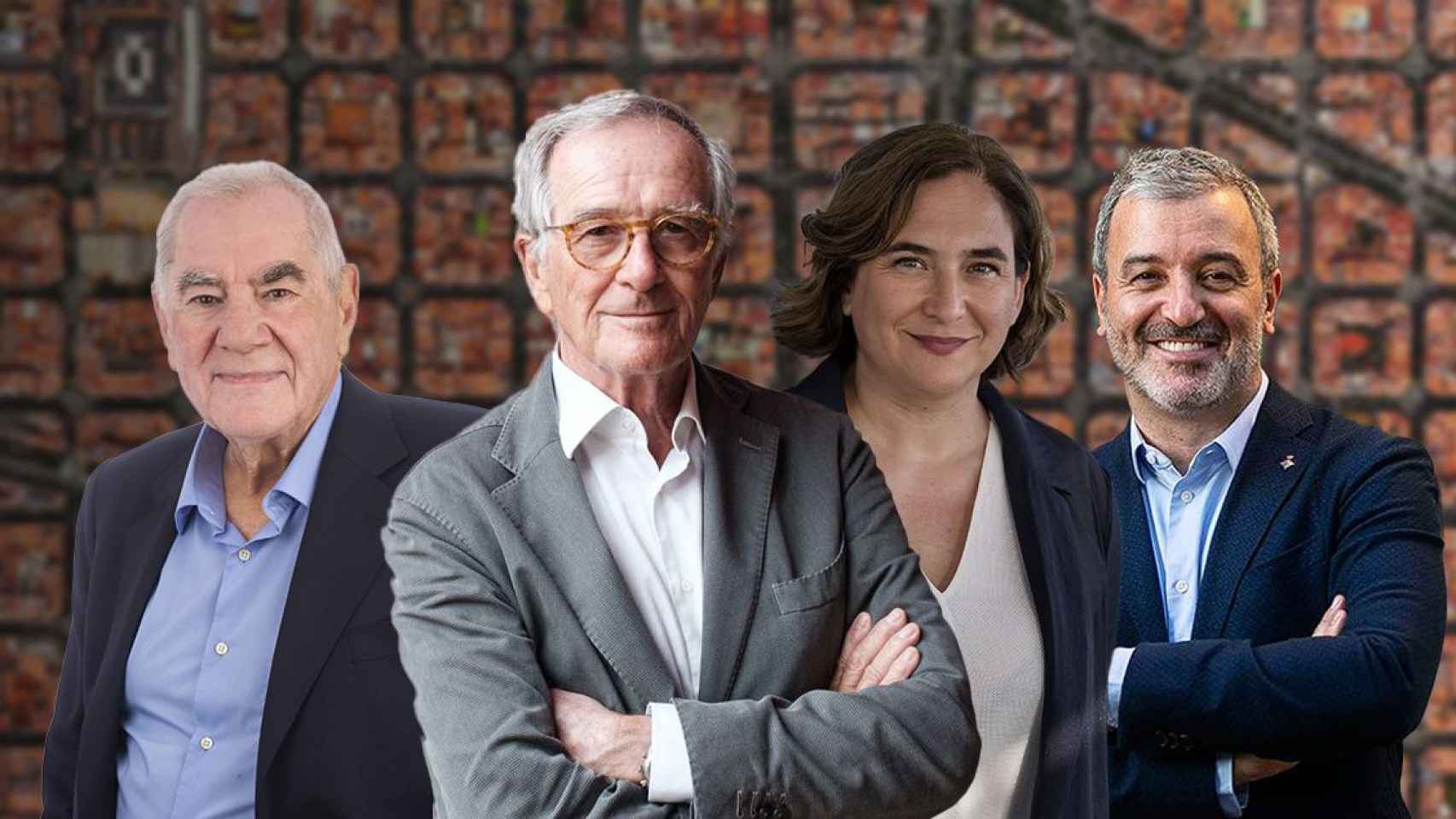 Fotomontaje de Ernest Maragall, Xavier Trias, Ada Colau y Jaume Collboni con el Eixample de Barcelona de fondo - MA