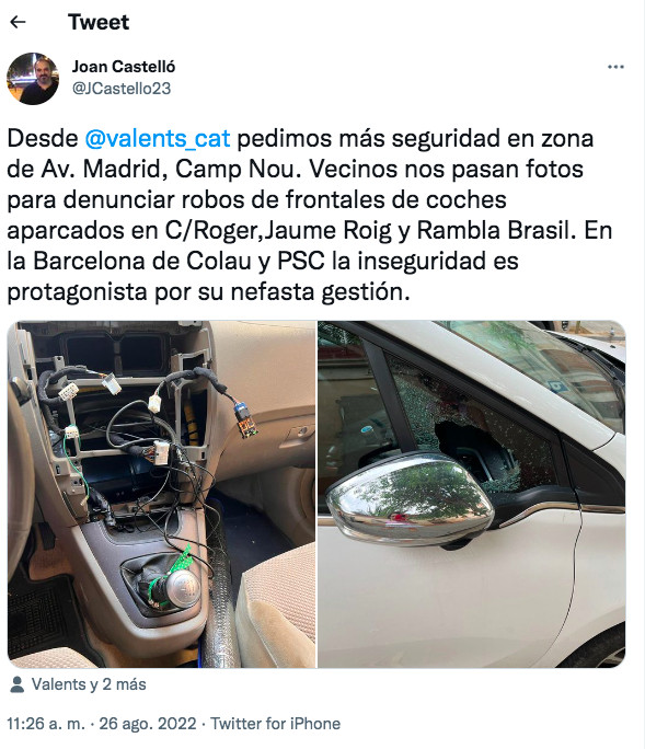 Tuit de Joan Castelló, consejero de Valents, sobre el robo en coches / TWIITER