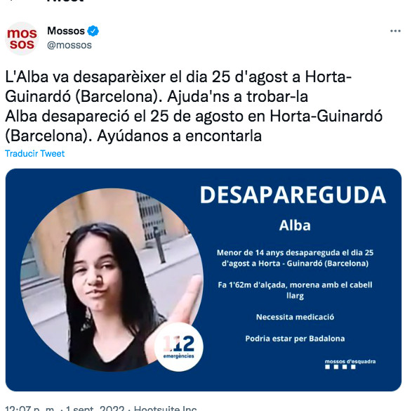 Tuit de Mossos con la imagen de Alba, la menor desaparecida en Barcelona / TWITTER MOSSOS