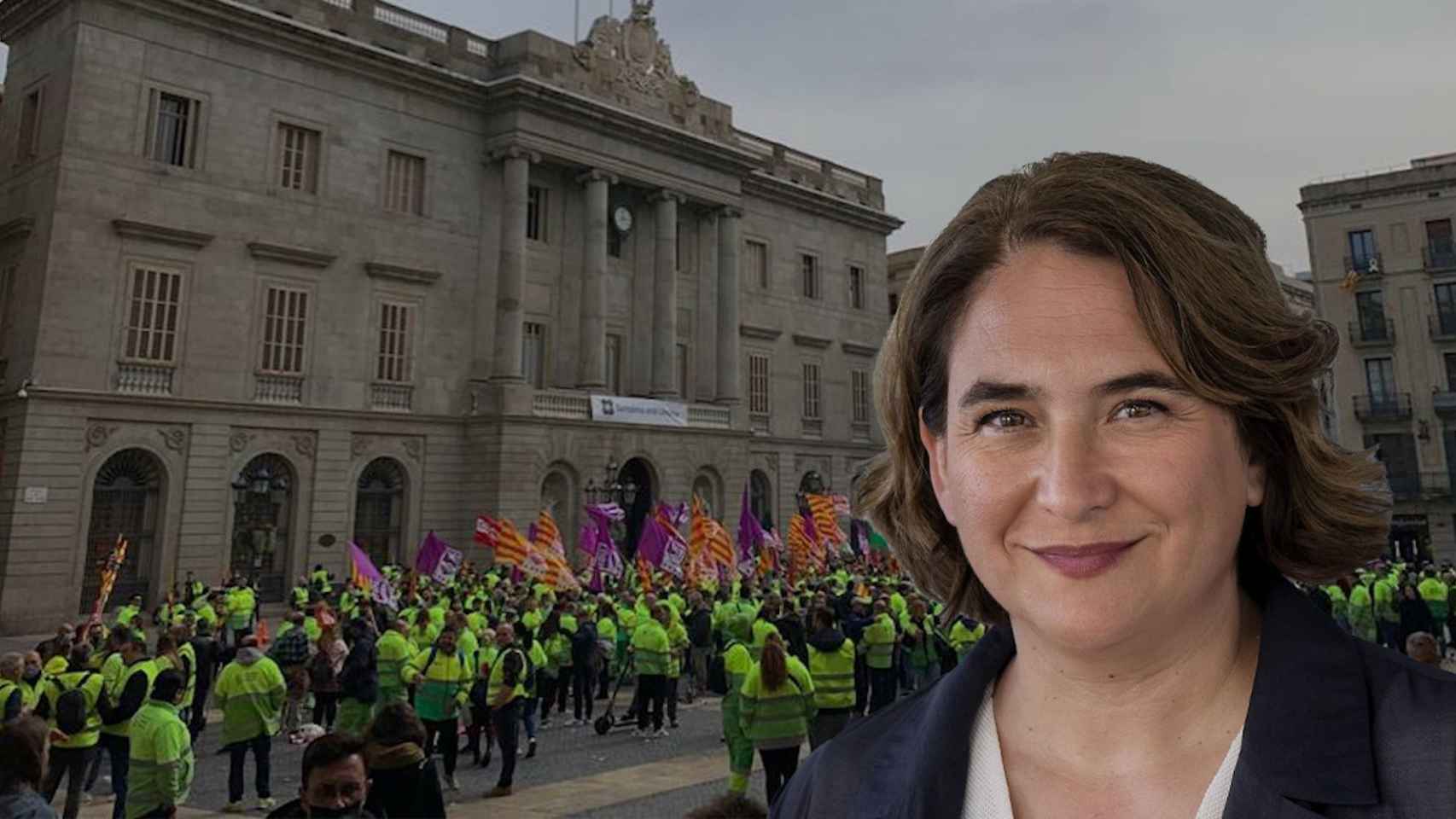Fotomontaje de una protesta de los trabajadores de la limpieza de Barcelona y el rostro de Ada Colau
