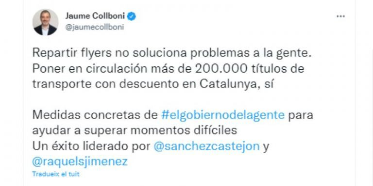 Tuit de Jaume Collboni sobre la rebaja del transporte público / TWITTER