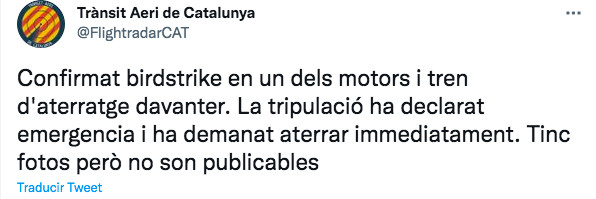 Tuit de Trànsit Aeri de Catalunya sobre el incidente de El Prat con los patos / TWITTER