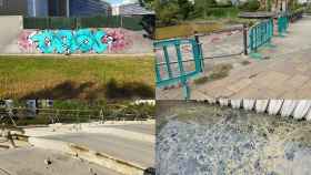 Un grafiti, una barandilla y unas escaleras rotas y agua muy sucia en el parque de Diagonal Mar / METRÓPOLI